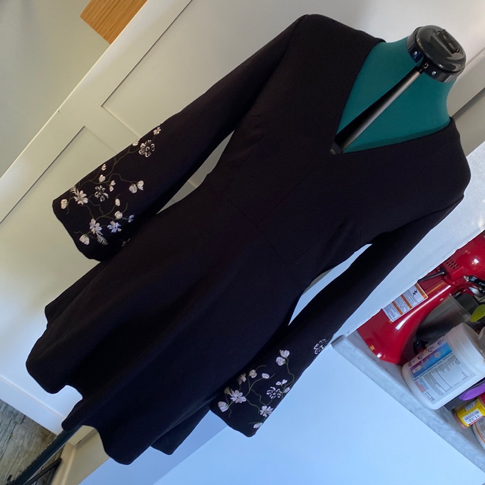 Black Midi Dress w/Floral Embroidered Bell Sleeves